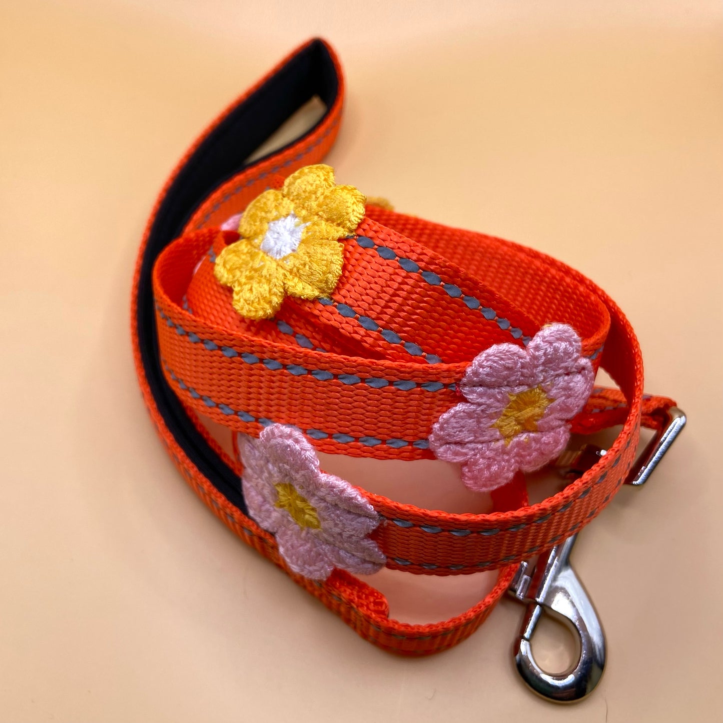Doggytonin Orange Dog Lead with Crochet Pink & Yellow Flowers